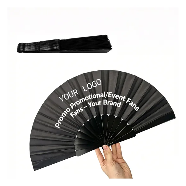Abanico negro personalizado 42 cm, varillas de bambú, formato evento