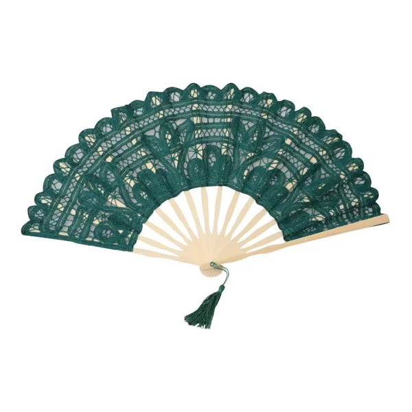 Abanico de encaje personalizado, verde esmeralda, borla