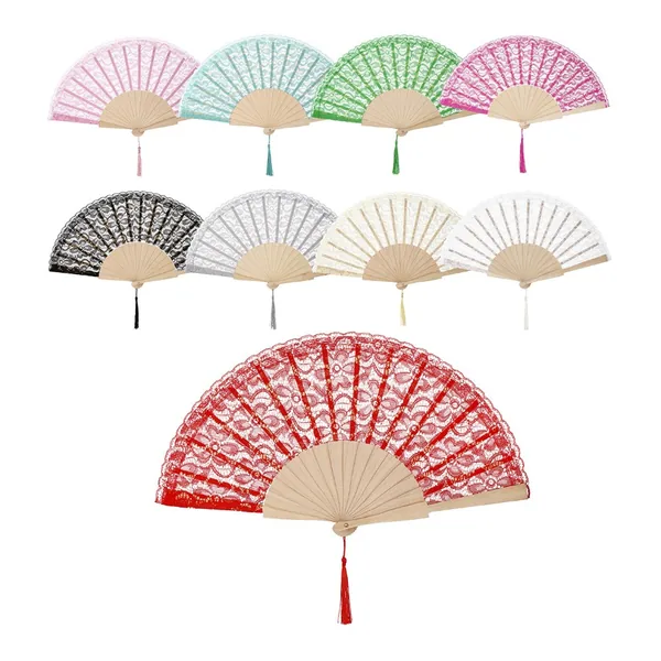 Abanico de encaje personalizado con borla, madera, 9 colores