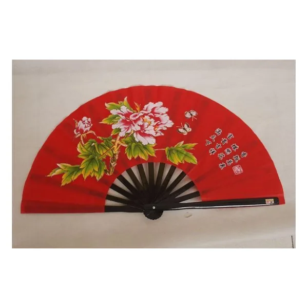 Abanico grande de plástico 33 cm, tela roja de peonías