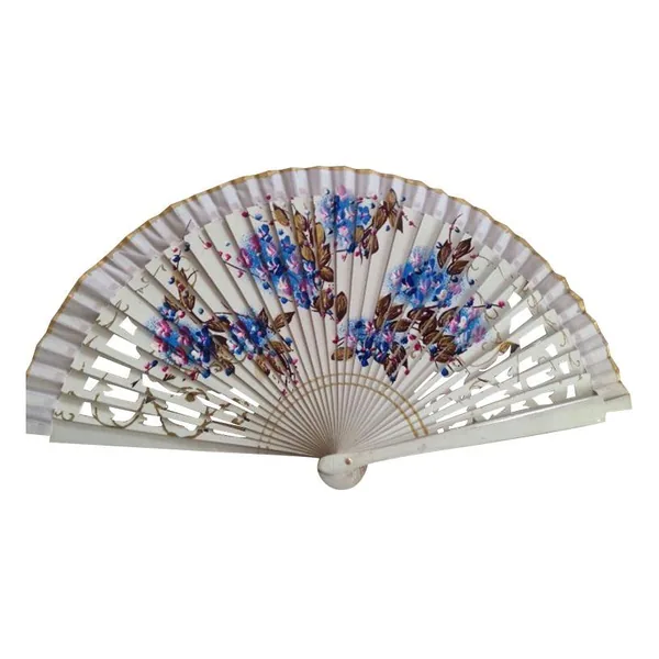 Abanico de madera impreso personalizado, floral crema