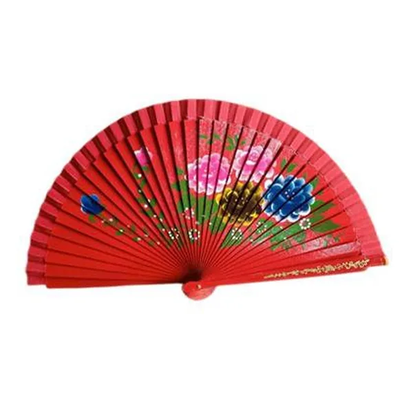 Abanico de madera pintado a mano, flores rojas